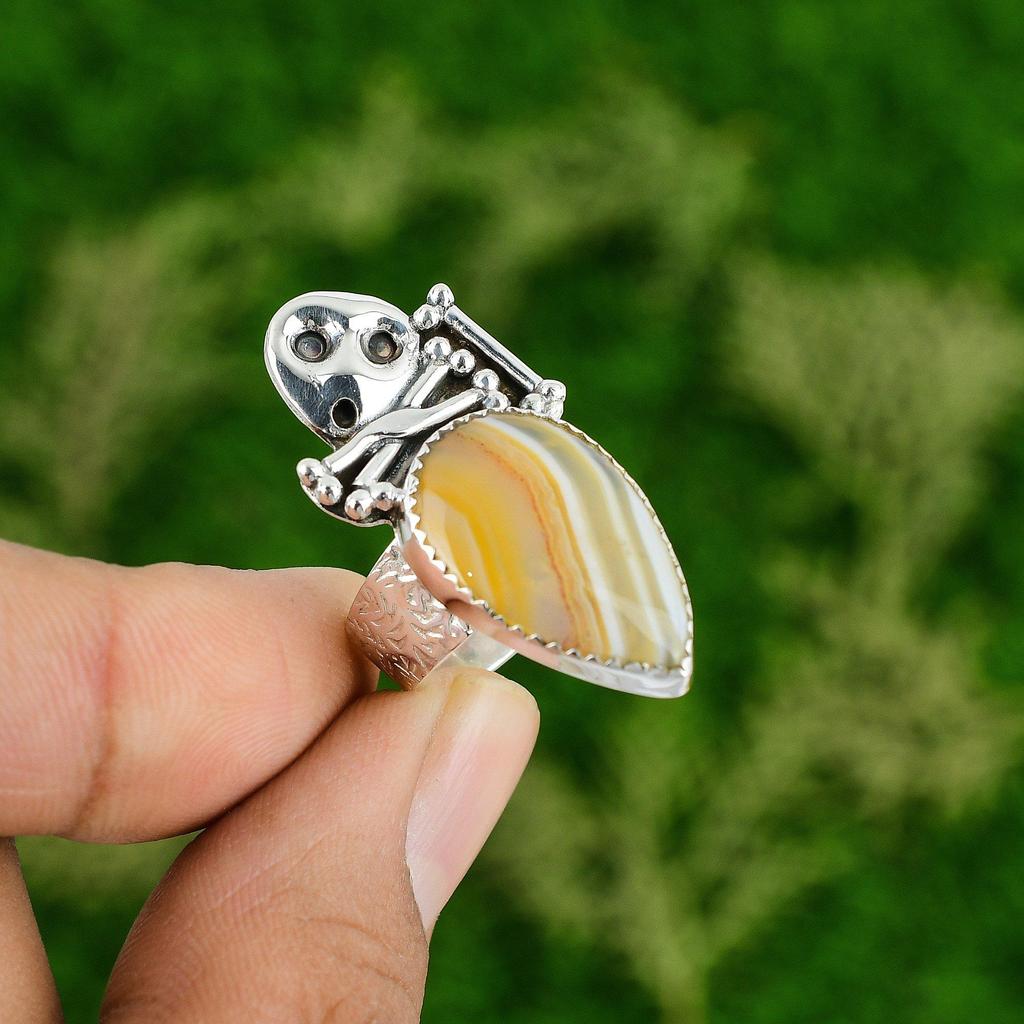 925 Silver Natural Botswana Agate Stackable Skull And Bone Adjustable Ring
