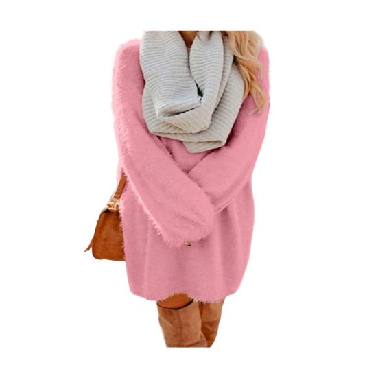 Women's Furry Pullover Sweater Dress Fuzzy Slouchy Oversized Long Tops Loose Crew Neck Fall Short Mini Dress