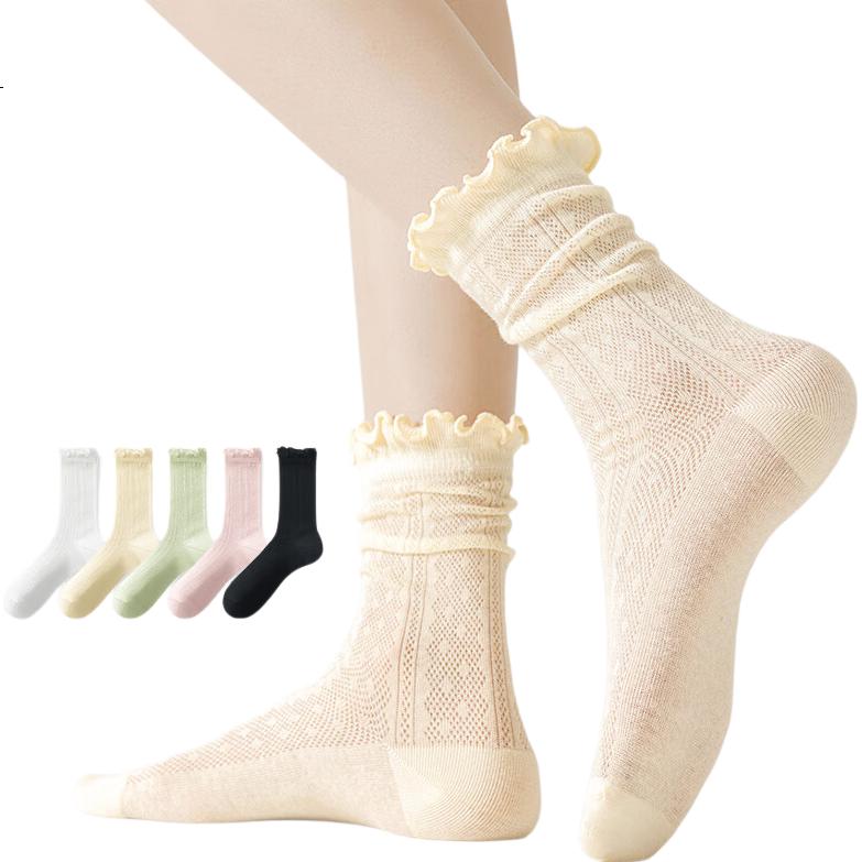MiiOW Women's Socks, Summer Thin Style, Slouchy Socks with Ruffled Edges, Mesh Mid-Calf Socks, Breathable Cotton Socks to Match Leather Shoes