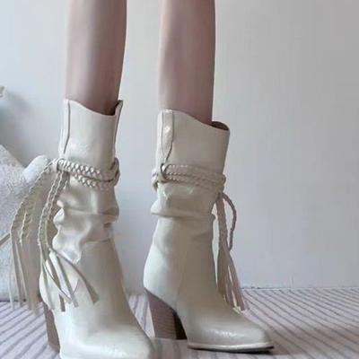 Ботинки Женские Новые Кисточки Пеньковая Веревка Ботинки Мартина Острый Носок Толстый Каблук Ботинки с Подкладкой Западные Ковбойские Ботинки