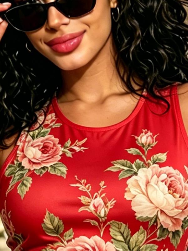 Женское мини-платье bodycon без рукавов с цветочным принтом (красная основа, розовые и белые розы), с высокой талией, облегающее, летнее, для пляжа и вечеринки