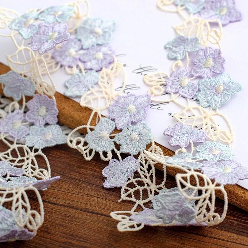 1Yard Purple Yellow Pink Floral Fabric Embroidery Lace Trim Hollow-Out Ribbon Dress Skirt DIY Decoration Material 4.5cm Wide