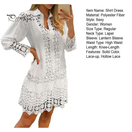 Женское платье-рубашка с лацканами, длинным рукавом, ажурным кружевом, мини-платье со шнуровкой, однотонное повседневное летнее платье