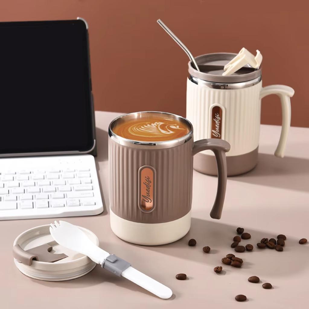 2024 New 304 Stainless Steel Portable 400ML Mug Is Equipped with Folding Spoon and Straw for Easy Mixing In Home and Office Cup