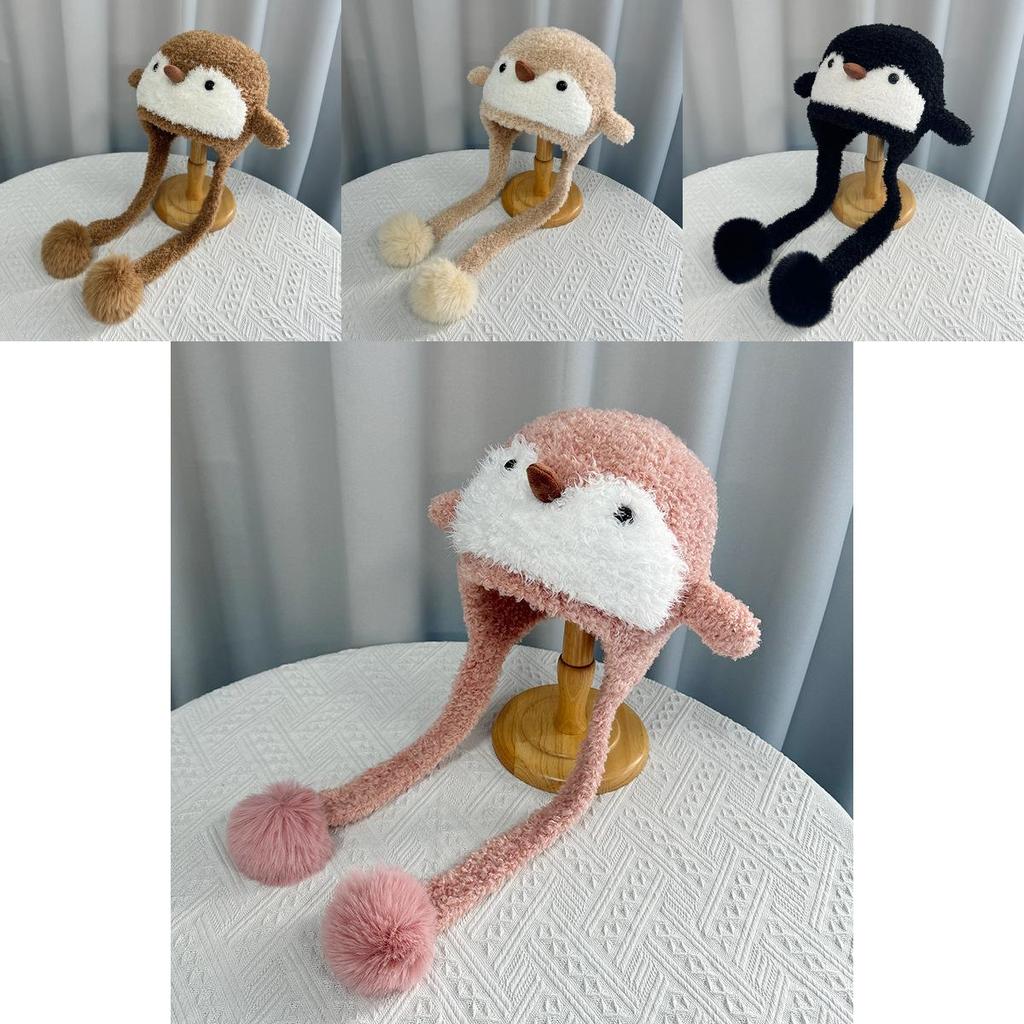 Детская милая вязаная шапка-бини с пингвином из пушистого полиэстера для холодной погоды и тепла для головы