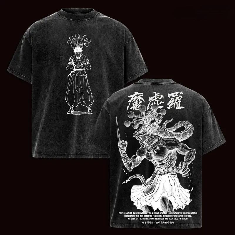 Горячий Аниме Jujutsu Kaisen Рёмен Сукуна Махорага Одежда Мужские Футболки Хлопковая Футболка с Эффектом Стирки Ретро Оверсайз Футболка Харадзюку Футболка
