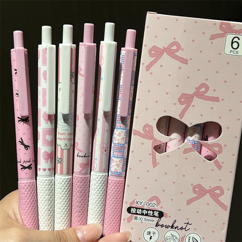 6pcs/box Sweet American Pink Color Gel Pens for Kids Cream Bow Cake Dessert Stationery Gel Pen 0.5mm Black Ink Pen for Writing