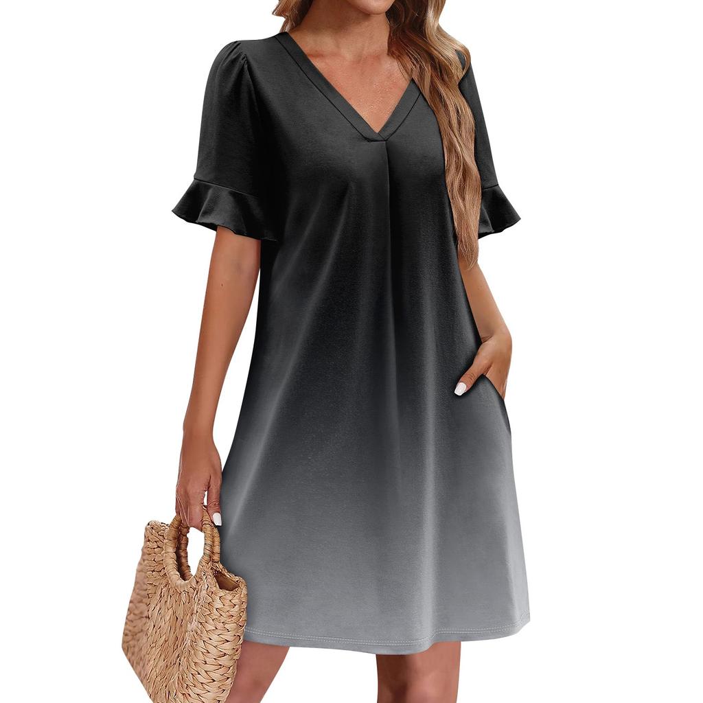 Летние платья для женщин с V-образным вырезом, оборками и коротким рукавом, повседневное свободное платье с принтом, пляжное платье с карманами