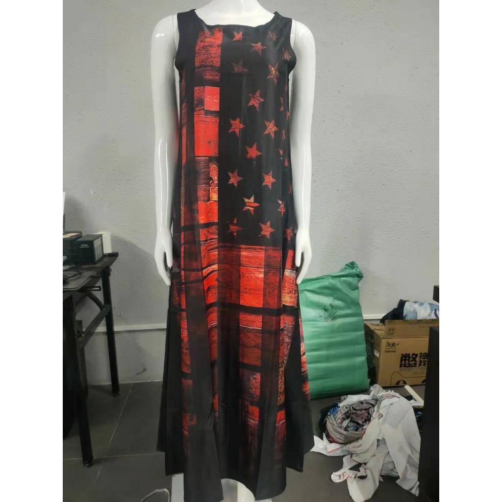 GMXIA Summer Positioning Flower Round Neck Sleeveless Loose Print Dress Long Skirt Women