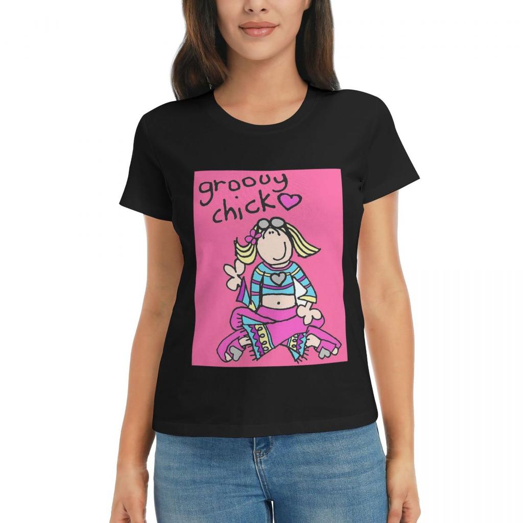 Женская футболка Groovy Chick Girls 2000-х Y2K Винтажная Летняя С коротким рукавом Футболки с круглым вырезом Хлопковые футболки Одежда Топы Уличная одежда