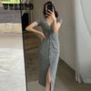 Женское серое трикотажное платье из ледяного шелка, женское летнее платье макси с разрезом и V-образным вырезом, длинное платье макси с плиссированным разрезом