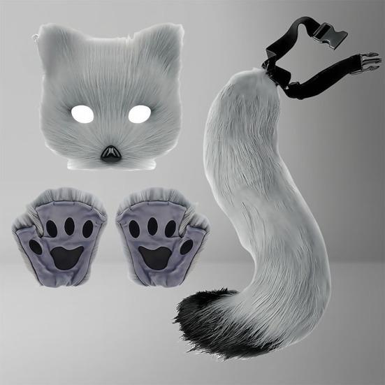 Faux Fur Cat Fox Maque Tail And Paw Gloves Set Handmade Furry Animal Therian Kit Masquerade Halloween Party Cosplay Costume Accessory