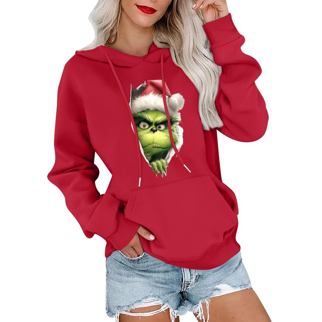 Women's Casual Comfortable Neck Hooded Long Sleeve Christmas Print Warm Sweatshirt