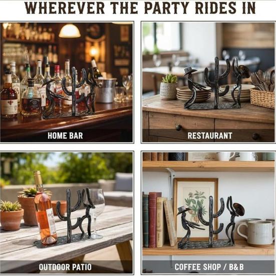 Western Cowboy Cactus Wine Bottle Rack Metal Tabletop Wine Holder with Glass Support Rustic Decorative Bar Accessory for Home Bar Restaurant Cafe