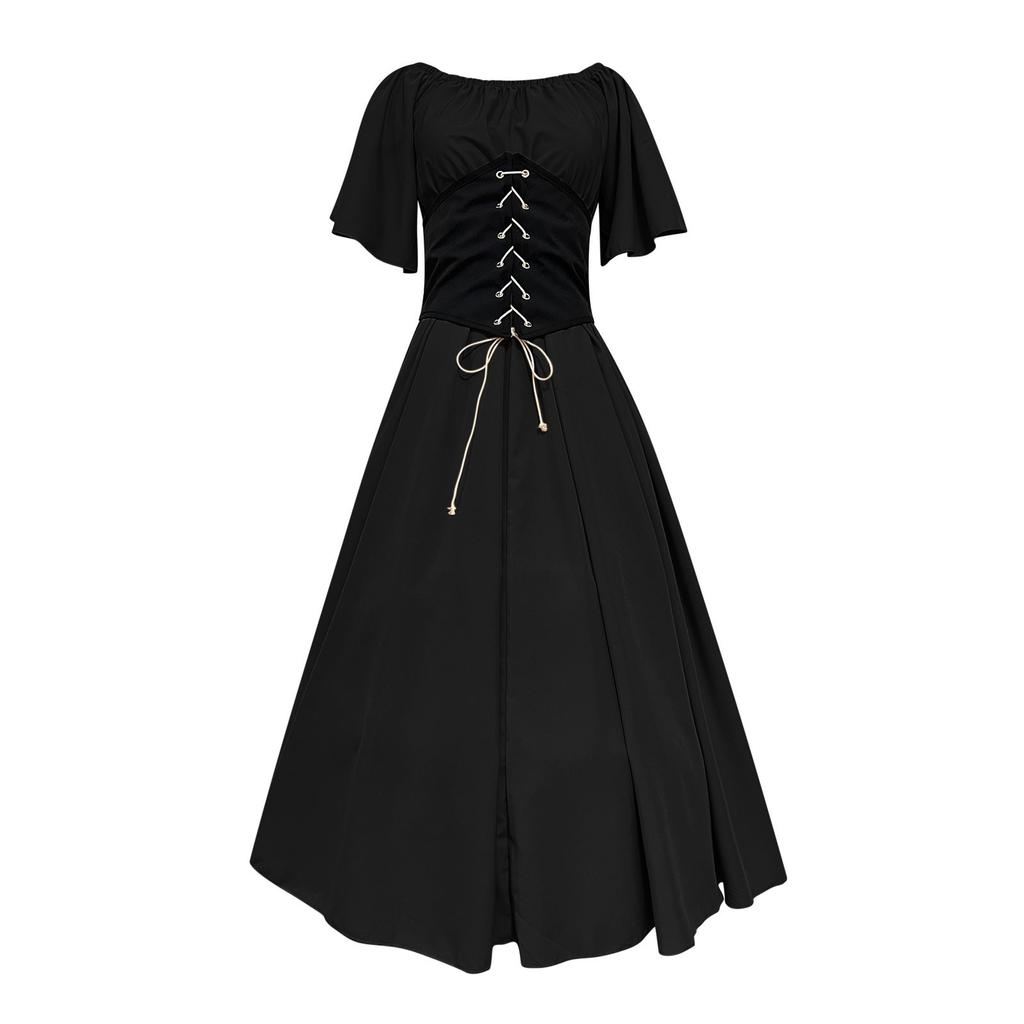 Women's Round Neck Dress Flare Sleeve Off Shoulder Medieval Vintage Dresses with Corset Patchwork Ball Gown
