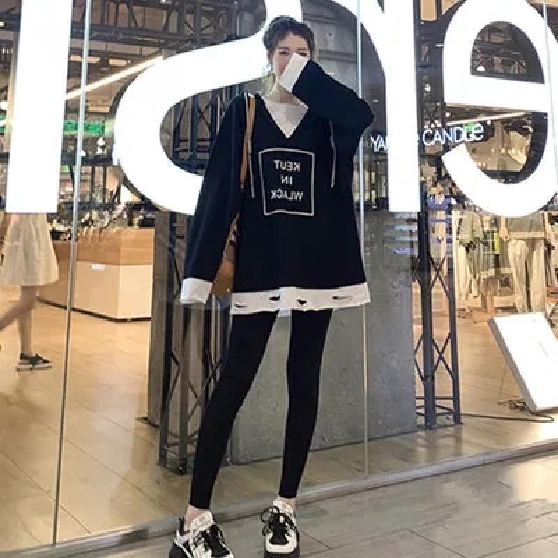 Женский осенний рваный худи с капюшоном и утягивающие леггинсы, комплект из двух предметов