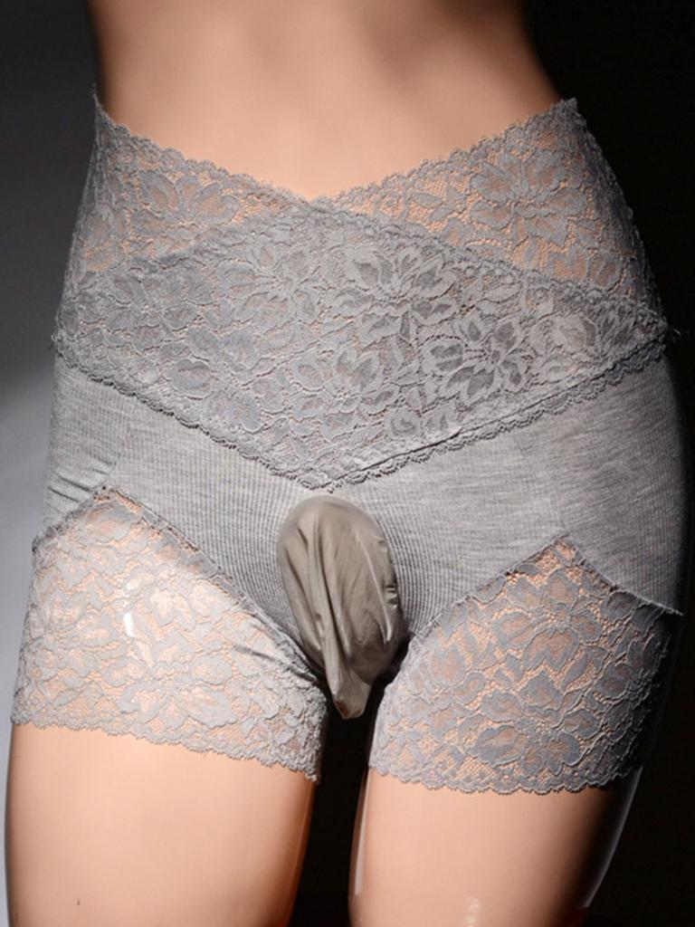 Summer Men's Silk Stockings Underwear Sexy Lace Sheer Cross High Waist Elastic Slim Physiological Flat Angle Shorts KSG4