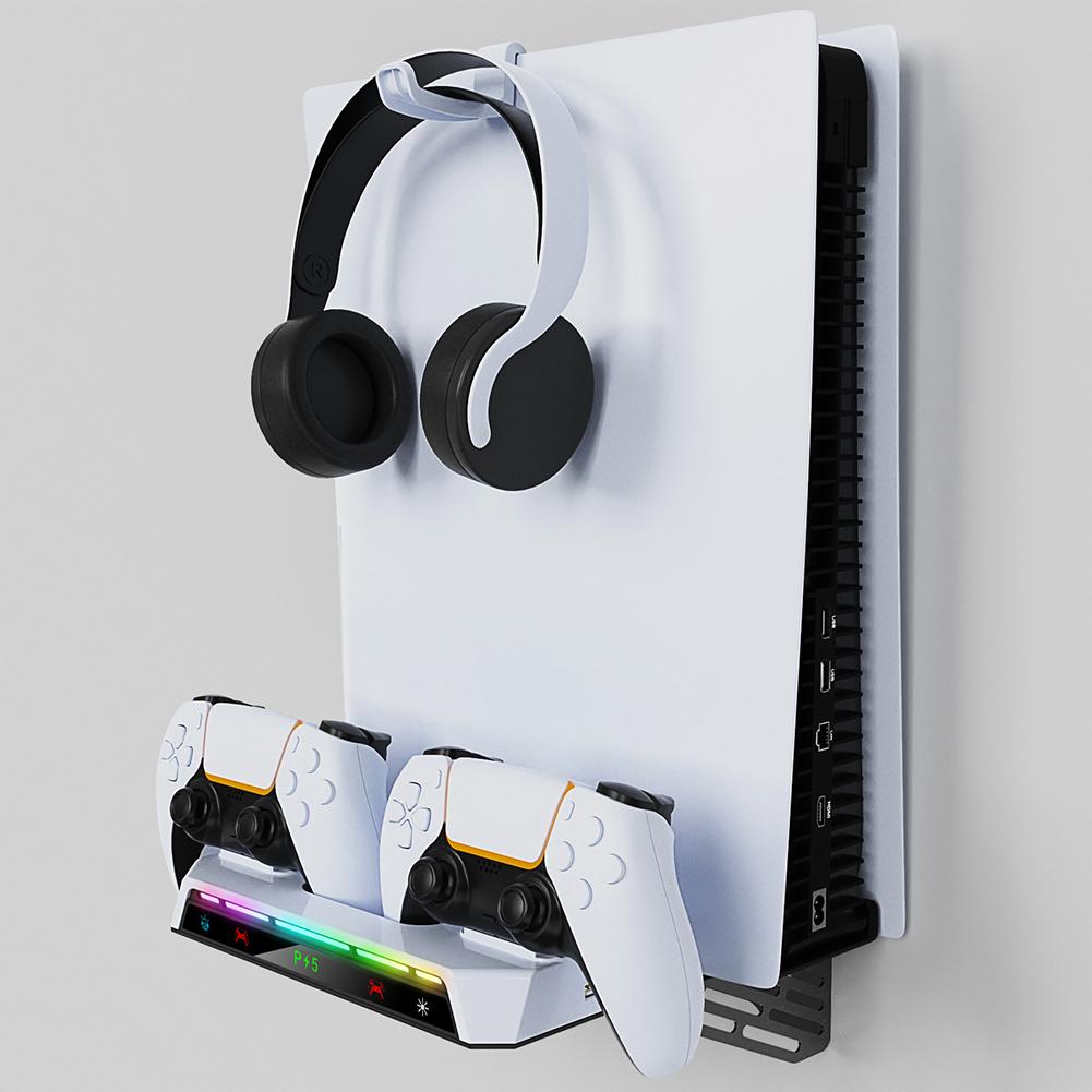 Металлическая настенная зарядная стойка с зарядной станцией для двух контроллеров с держателем гарнитуры для PS5 Slim/консоли PS5 Disc и Digital