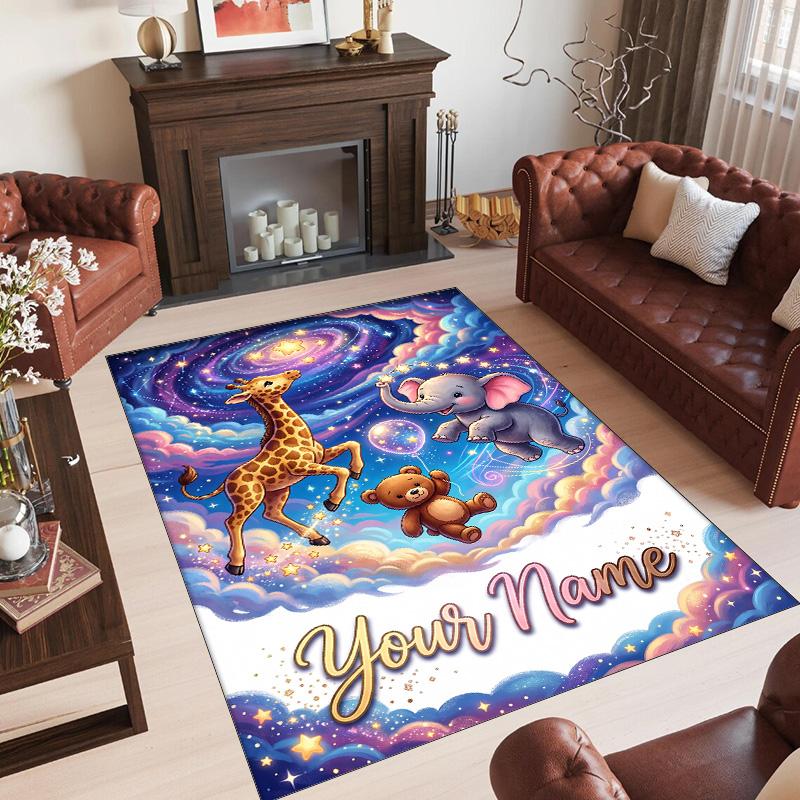 Teddy Bear Theme Crystal Velvet Rug Personalized Custom Name Text Soft Floor Mat Home Decor