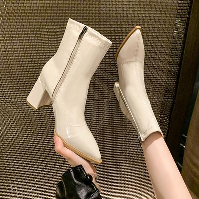 Осенние женские туфли на каблуке Зимние ботильоны на толстом каблуке из бархата для женщин Повседневные женские ботинки челси на высоком каблуке