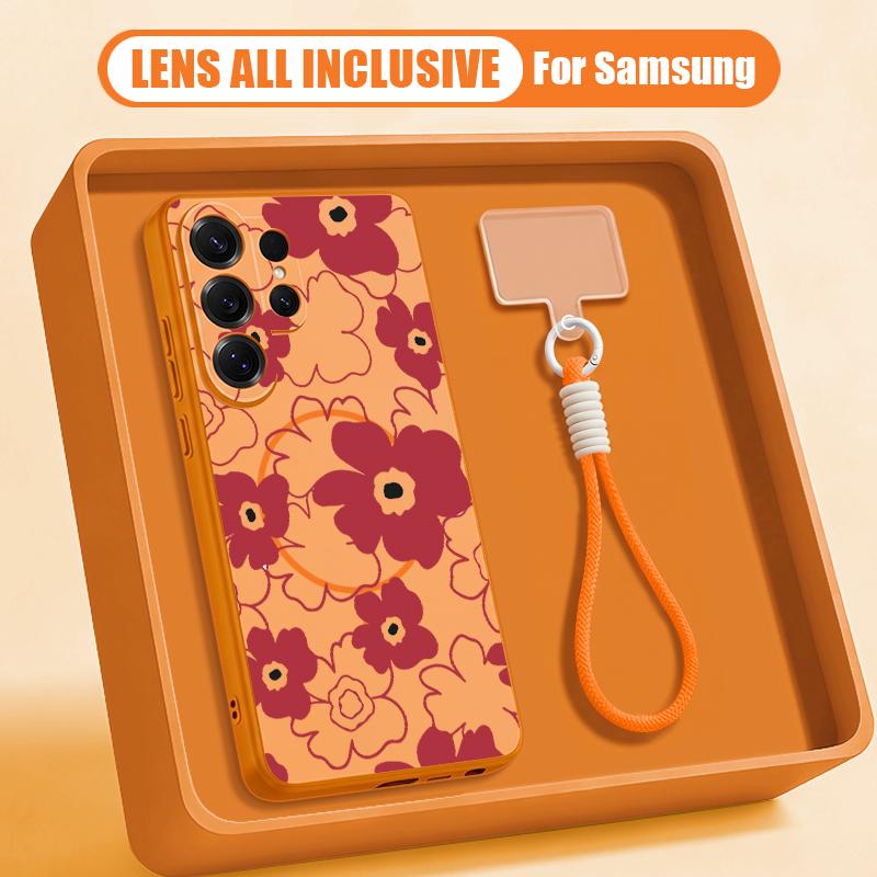 Чехол-шнурок с принтом мультяшных цветов для Samsung S26 S25 Ultra S24 Plus S23 FE A15 A16 A17 A35 A36 A37 A54 A55 A56 A57 5G Магнитный Гибридный чехол из ТПУ+ПК