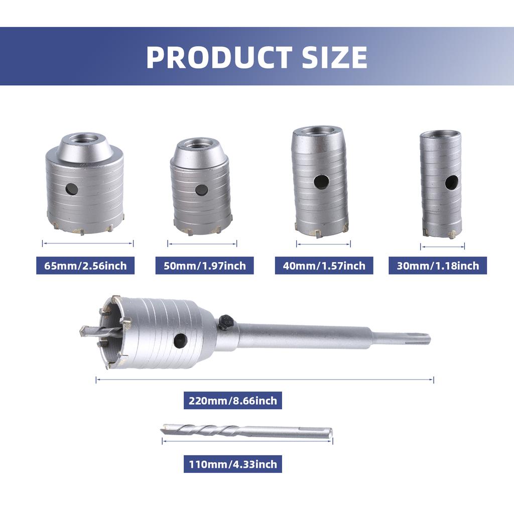 Набор кольцевых пил для сверления стен по бетону 30 40 50 65 мм (1-3/16"-2-9/16") Комплект кольцевых пил для каменной кладки для бетона, цемента, кирпича, камня