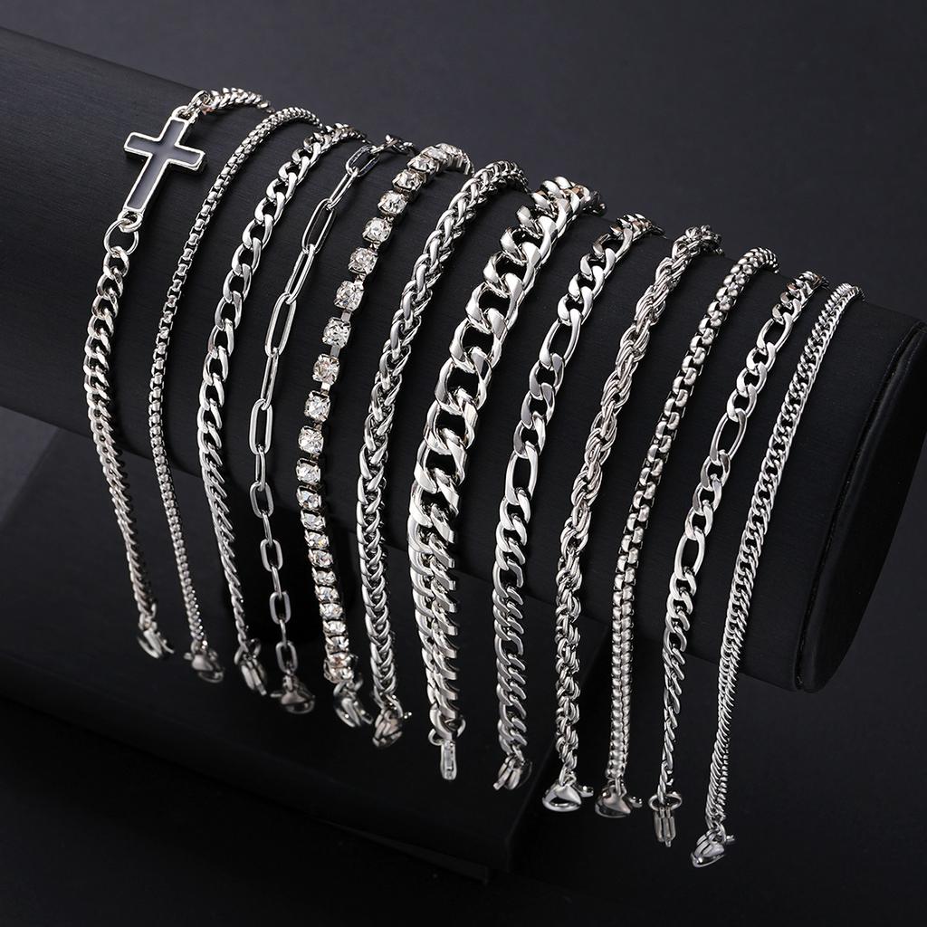 12Pcs/Set Silver Color Simple Stylish Punk Hip-Hop Stainless Steel Cross Rhinestones Chain Bracelet Set for Men Women Jewelry