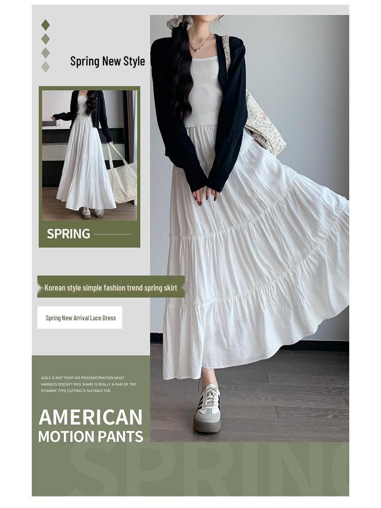 White A-line High Waist Pleated Long Skirt for Women - Spring/Summer 2026 Slimming Petite Layered Umbrella Design
