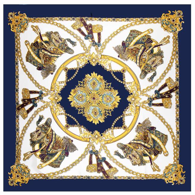 90*90cm Luxury Brand Women Silk Scarfs Royal Style Square Scarves Horseshoe and Chain Printing Shawls For Ladies