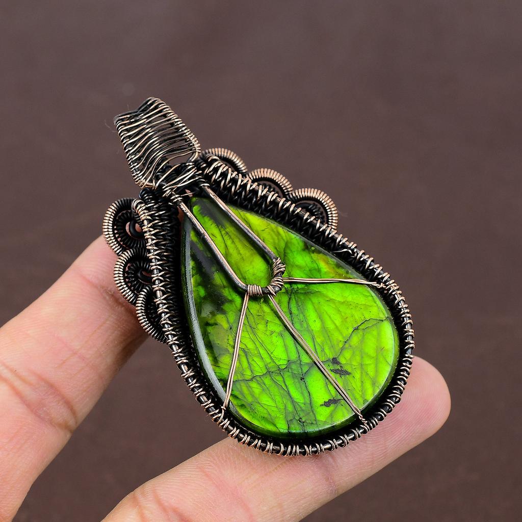 Зеленый лабрадорит, ручная работа, медная проволочная подвеска, ювелирное изделие 2,83 дюйма p2C33