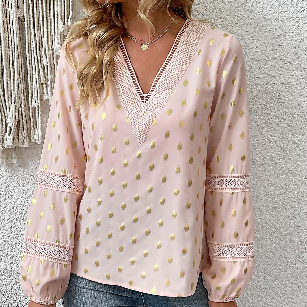 Women's Fashion Casual Polka Dot Print Long Sleeve V-Neck Blouses & Shirts