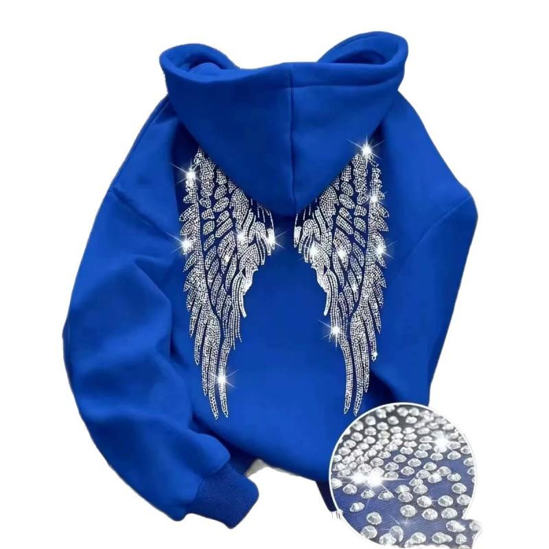 2026 Trendy Hoodie Loose Fit Rhinestone Wings Sweatshirt Casual Streetwear Teens Youth
