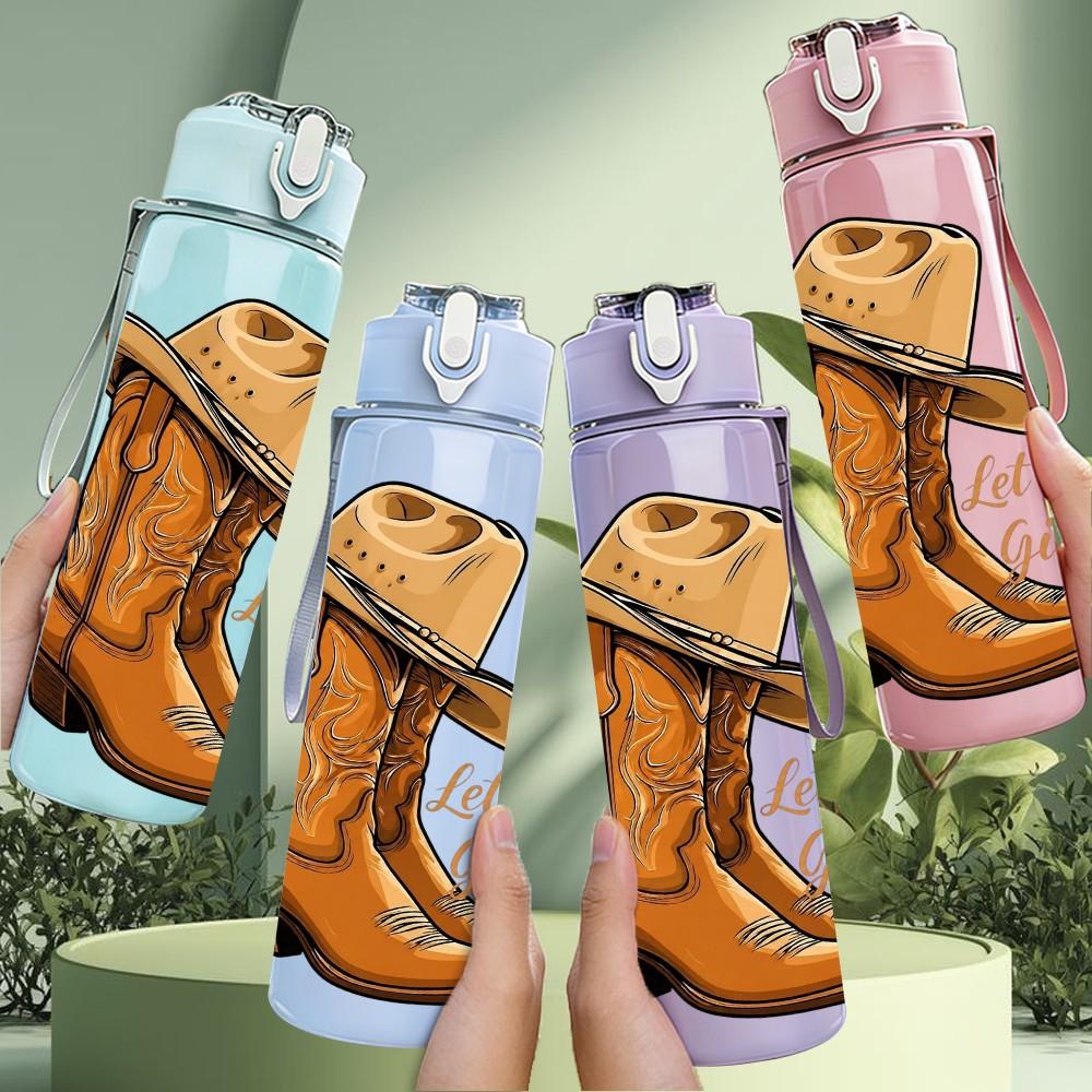 1PC Cowboy Western Leather Boot Art 750ml Color Plastic Sports Water Bottle Leakproof Flip Straw Lid Suitable for Sports Office Home Use