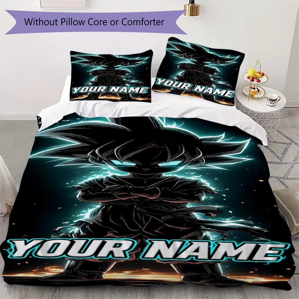 Custom Name Son Goku Pattern Bedding,Quilt Set Quilt Cover Pillowcase Home Birthday Gift(1 * duvet cover + 2 * pillowcase, without core)_lx