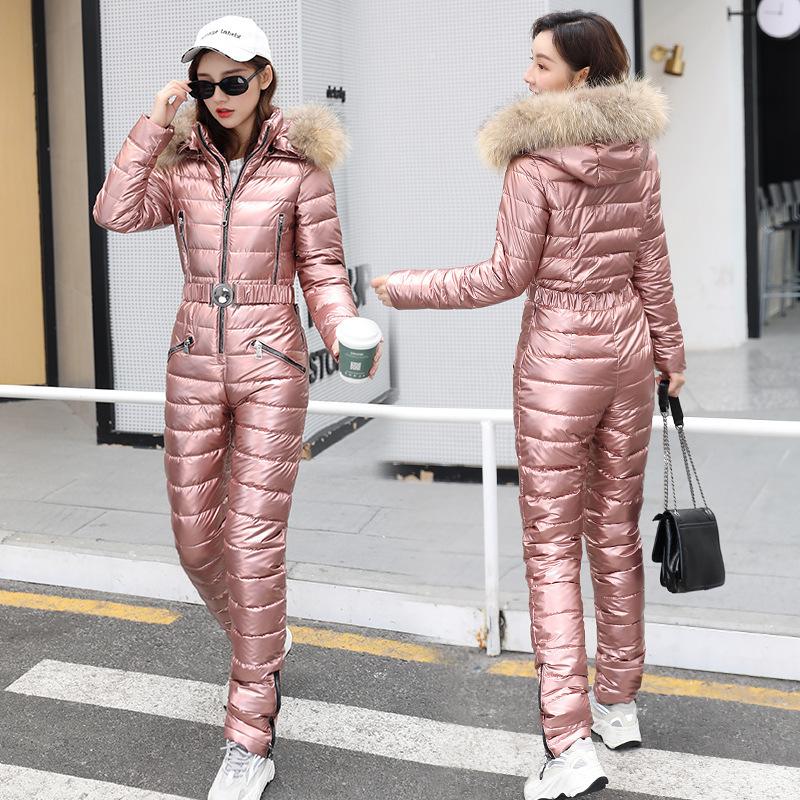 Outdoor skiing one-piece cotton-padded women's big fur collar glossy thickened cotton-padded winter clothing multi-color one piece supply