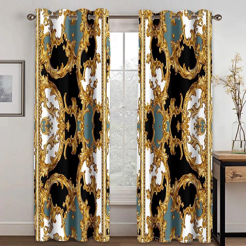 3D Modern Luxury Brand Design Baroque Black Gold 2 Pieces Thin Shading Window Curtain For Living Room Bedroom Decor Rod Pocket