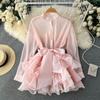 Chic Tops Women's Shirt Spring and Fall Ruffle Premium Bow Tie Blouse