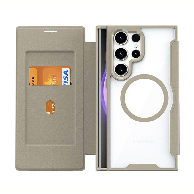 Кожаный чехол-книжка S24 Ultra для Samsung и iPhone 16 ProMax, прозрачный магнитный чехол для мобильного телефона с MagSafe