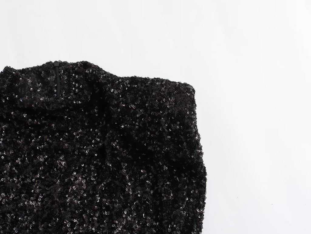 Y2K Winter Black Sequin Mini Dress with Shoulder Pads - Sleeveless Evening Wear
