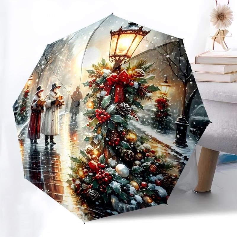 Carolers, Winter Wonderland Automatic Folding umbrella Compact 8 rib Design, Unique Style, Suitable for Everyday Outdoor Use, Perfect Gift f