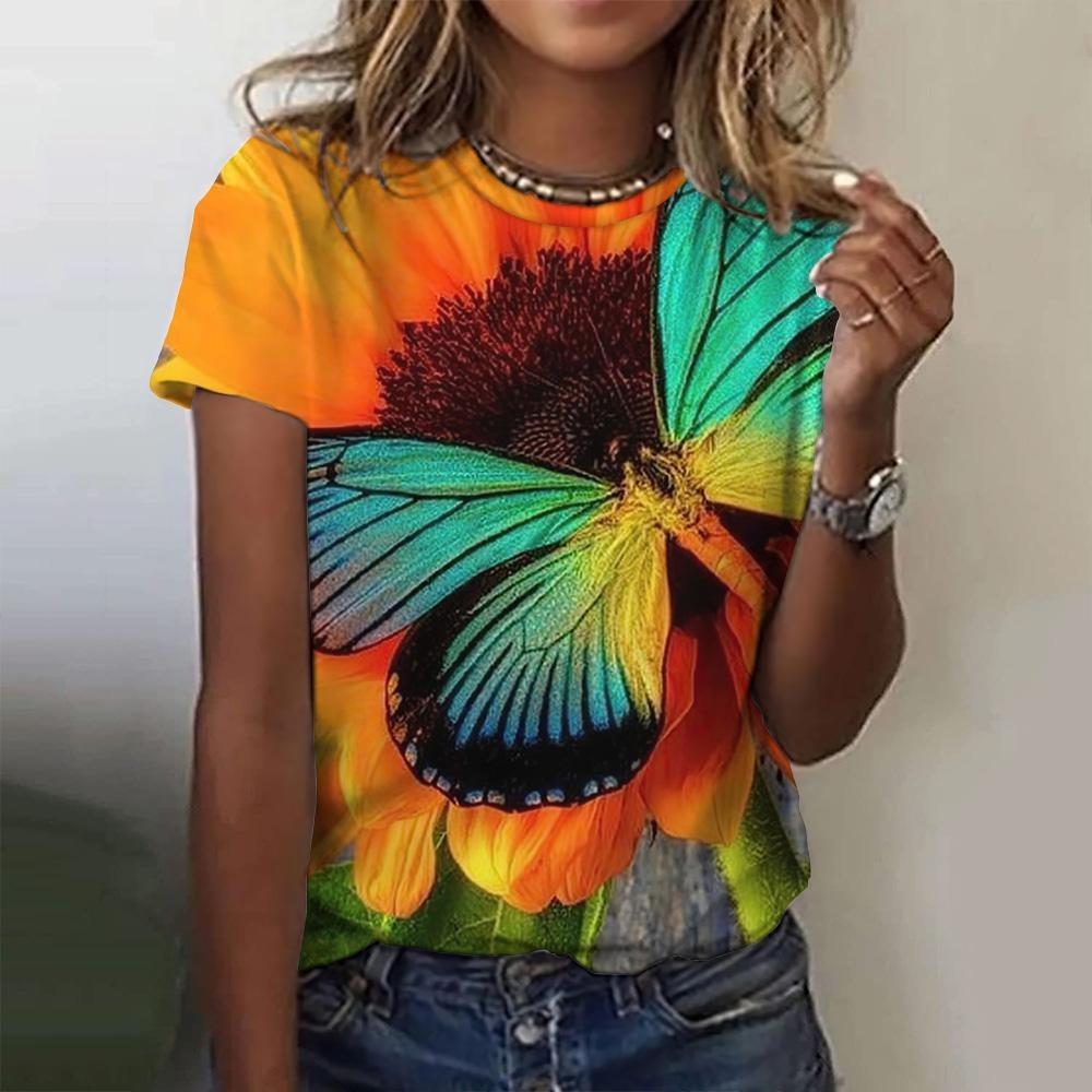 2025 Летняя модная блузка, женские футболки, футболка с 3D-бабочкой, повседневный топ с коротким рукавом, базовая женская одежда больших размеров
