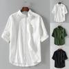 Men's Summer Stand-Up Collar Five-Point Mid-Sleeve Shirt Cotton Linen Loose Solid Color Top