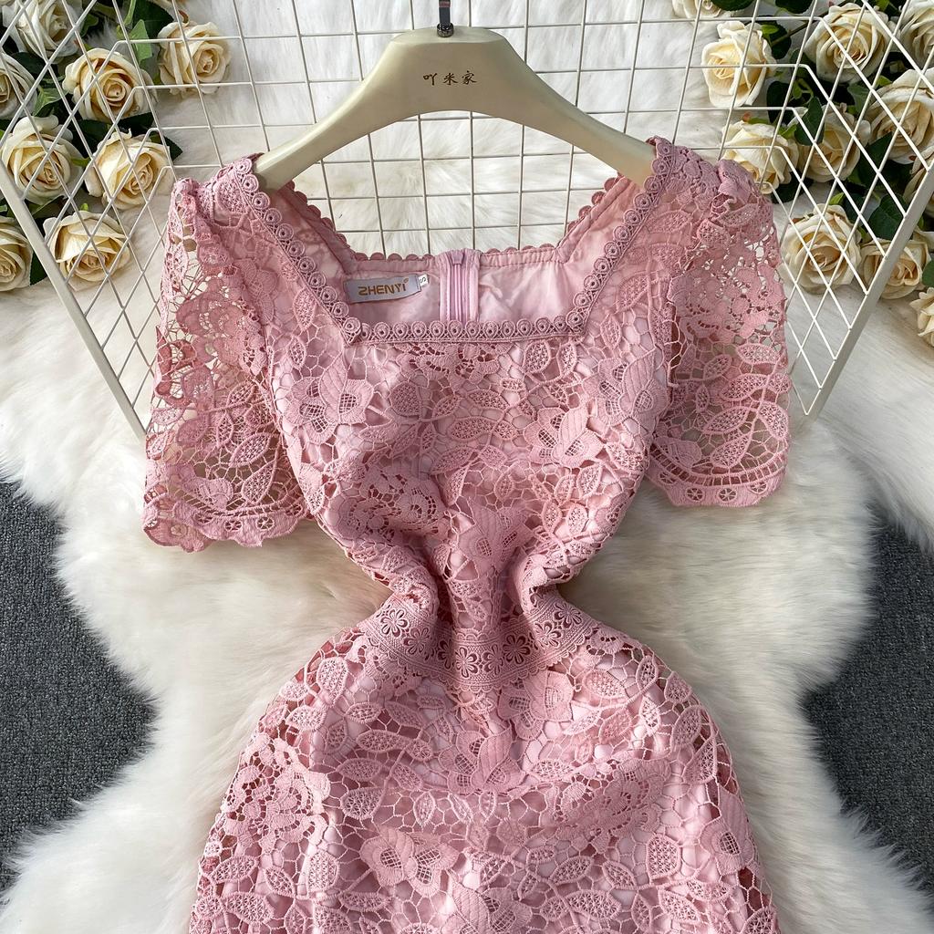 Summer Women Elegant Square Collar Embroidery Flower Lace Mesh Patchwork Long Maxi Slim Bodycon Party Dresses