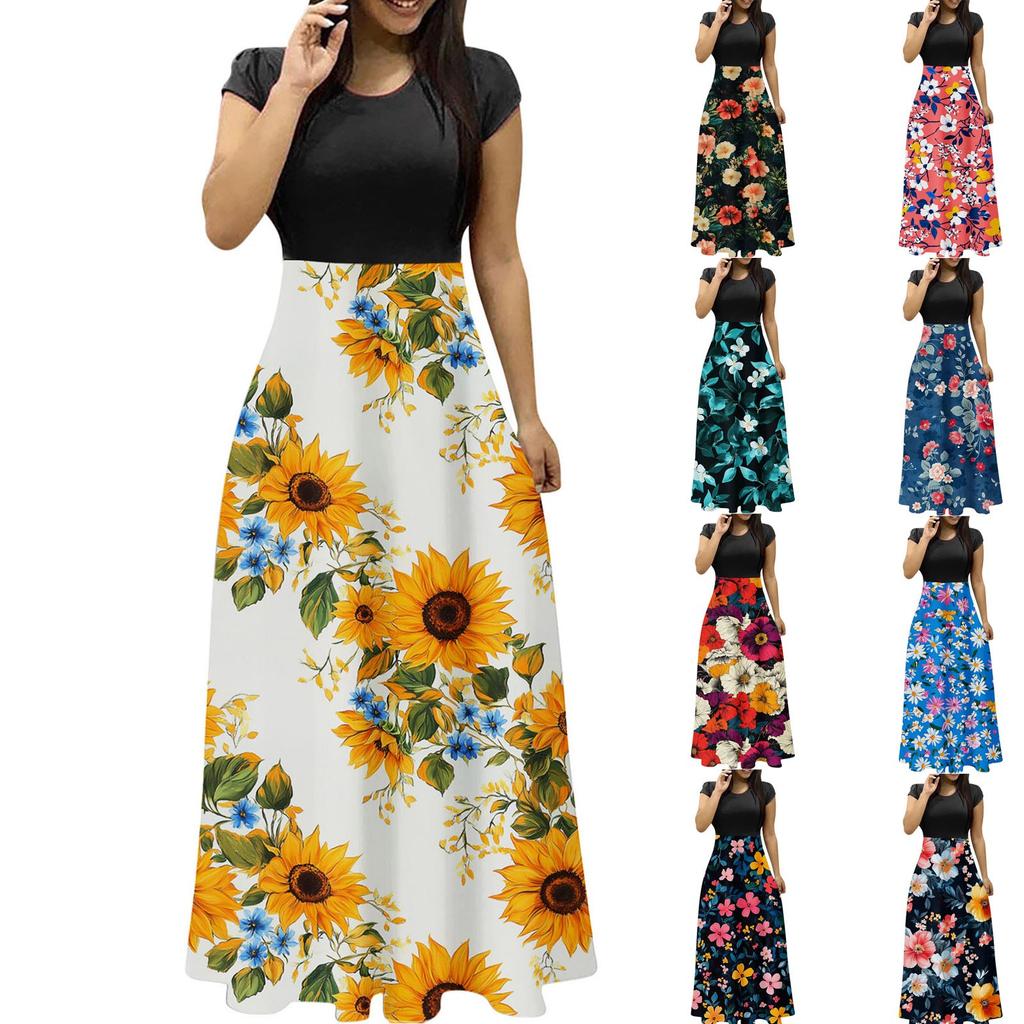 Женская мода повседневные свободные принтованные платья с круглым вырезом и коротким рукавом длинные платья с коротким рукавом длинные платья