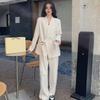 2 Pcs/Set Lady Formal Coat Pants Set Long Sleeves Button Strap Closure V Neck Cardigan Mid Length Jacket Straight High Waist Tro