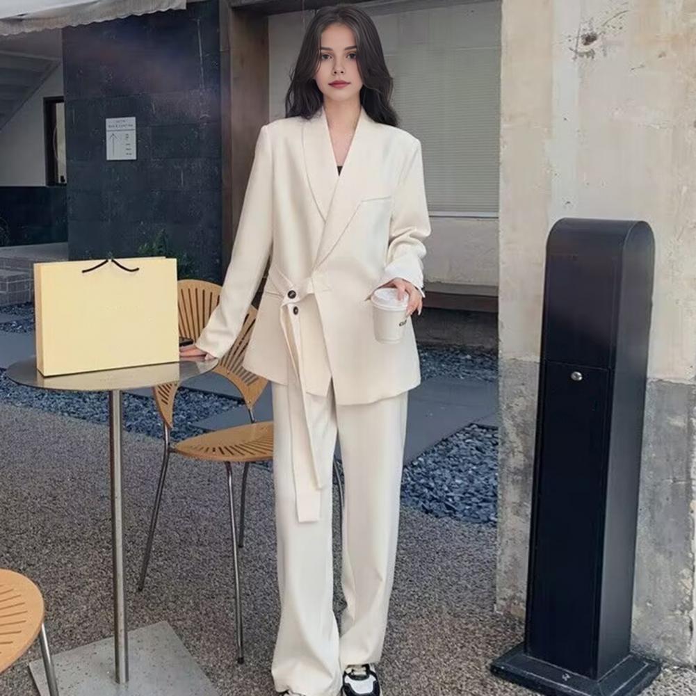 2 Pcs/Set Lady Formal Coat Pants Set Long Sleeves Button Strap Closure V Neck Cardigan Mid Length Jacket Straight High Waist Tro