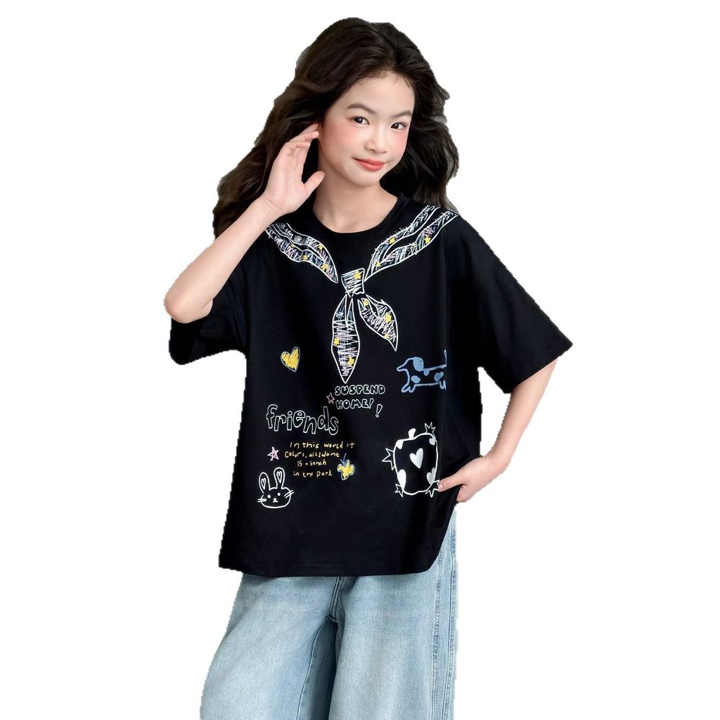 Girls Summer Loose Short Sleeve T Shirt Lightweight Graffiti Print for Big Kids