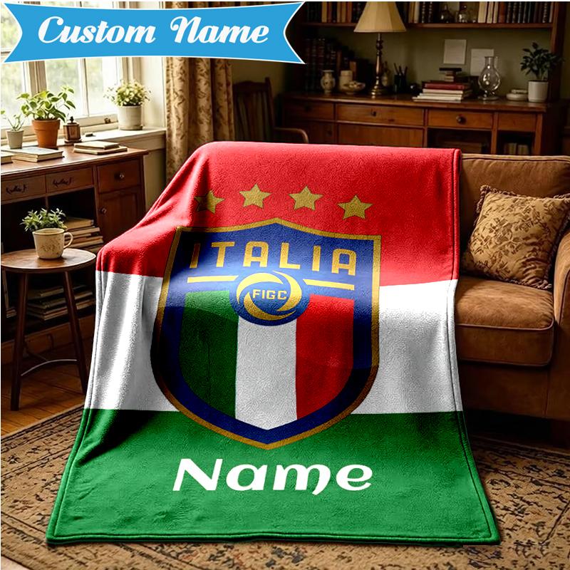 Custom Name Italian Football Crest Blanket Lightweight Ideal Bedding Blanket Perfect for Travel, Camping, Living Rooms, Sofas, Christmas gift