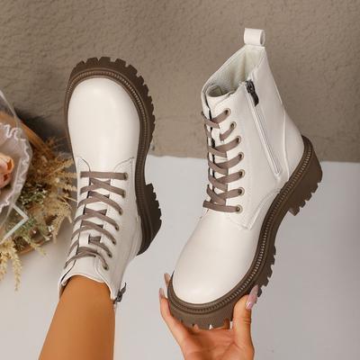 Модные осенние новые ботильоны на блочном каблуке, с круглым носком, шнуровкой спереди, боковой молнией, платформой, противоскользящие, износостойкие, до середины бедра