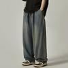 Men Jeans Elastic Waist Drawstring Wide-Leg Street Style Draped Distressed Design Jeans Denim Trousers